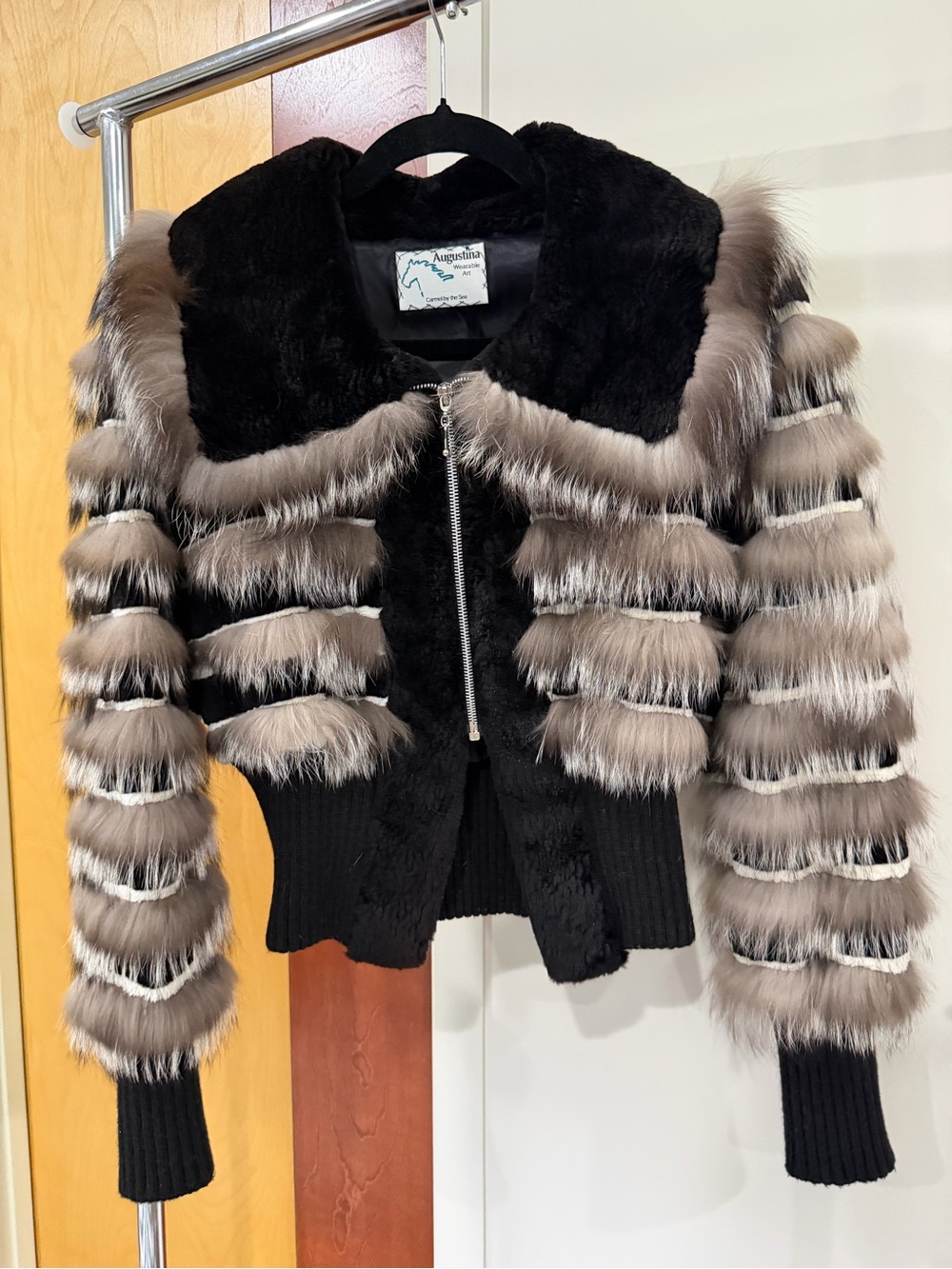 Augustina Wearable Art cropped fur striped bomber
